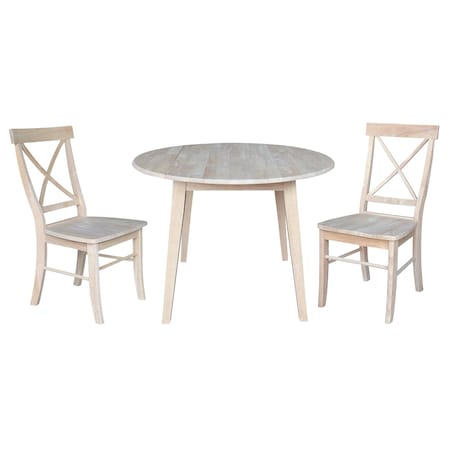 International Concepts 42 in. Solid Wood Round Dual Drop Leaf Dining Table with 2 Chairs, Unfinished K-42DL-C613-2